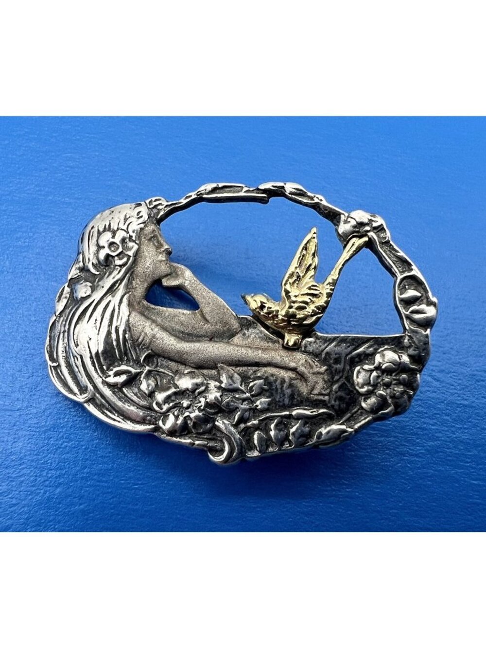 Antique ART NOUVEAU Sterling Silver Goddess Gold Bird Brooch
